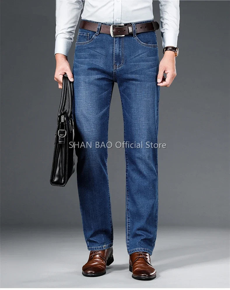 2024 autumn spring fitted straight stretch denim jeans classic style badge youth men's business casual jeans trousers