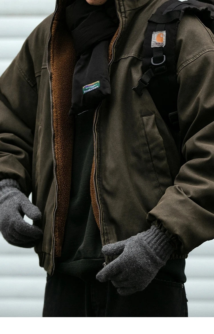 Winter Heavyweight Mens Jacket Japanese Vintage PU Coated Windproof Thick Fleece Lined Warm Distressed Streetwear Long Coat Male