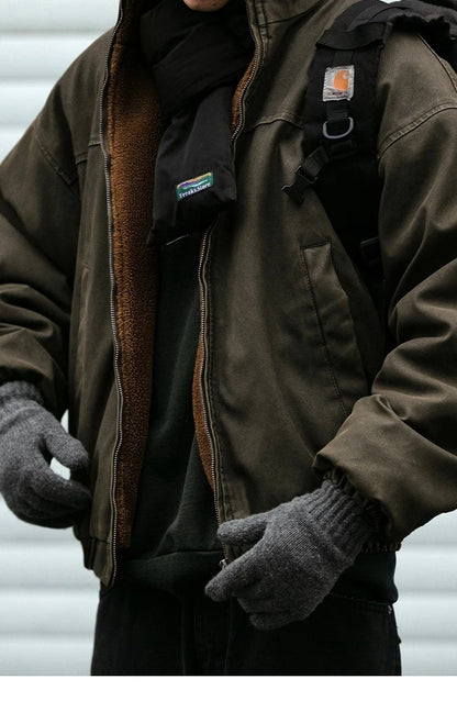 Winter Heavyweight Mens Jacket Japanese Vintage PU Coated Windproof Thick Fleece Lined Warm Distressed Streetwear Long Coat Male