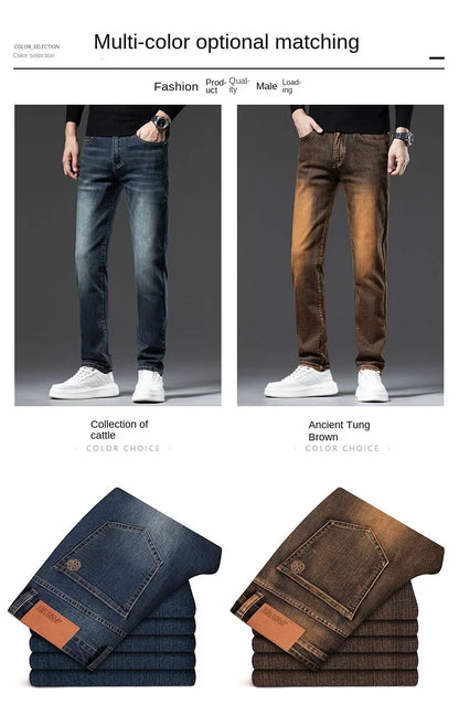 2025 New High-end High-quality Denim Double-core Cotton Elastic Jeans Retro Nostalgic Men's Straight-fit Trousers