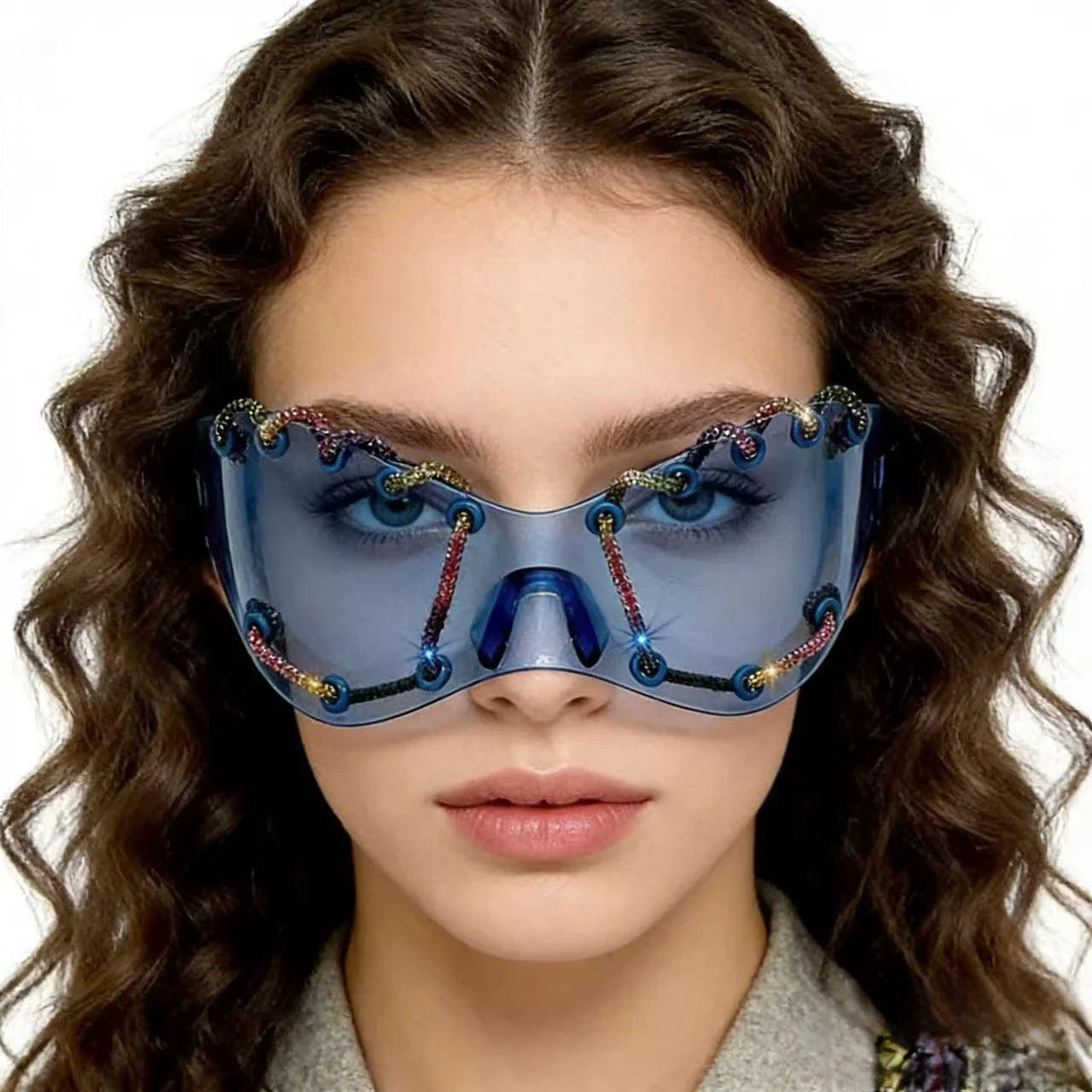 Women's Exaggerated Oversized One-Piece Rhinestone Chain Sunglasses Y2K Retro Futuristic Fashion Silver Goggles Shades for Party
