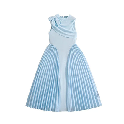 Girls 8-12 Light Blue Summer Casual Dress, Front Sleeveless Bow Decor High Waist Pleated Skirt, Daily Kids Outfit