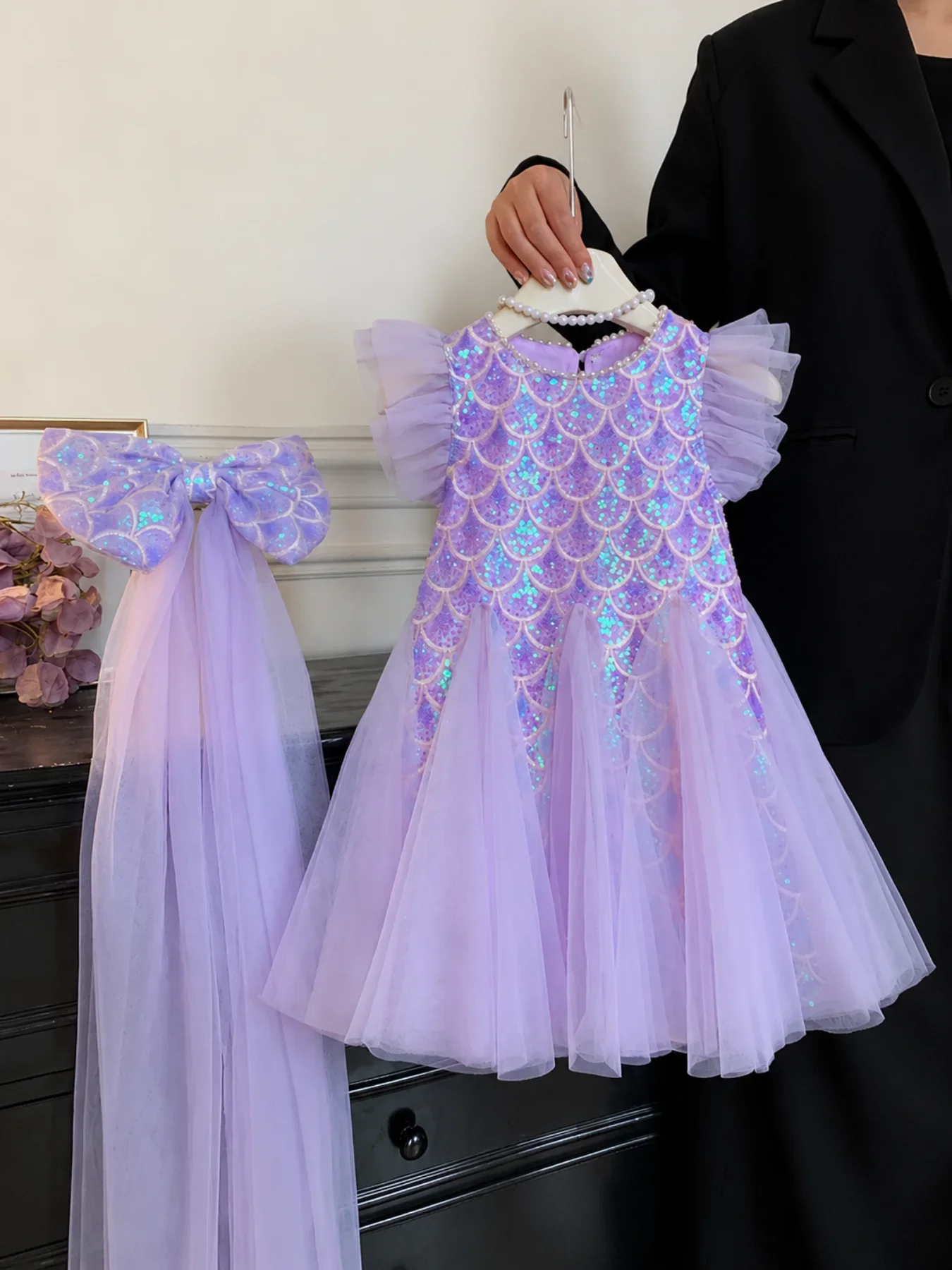 Girls Purple Mermaid Sequin Tulle Dress with Bow Veil Headband Kids Flutter Sleeve Princess Birthday Party Costume Dress
