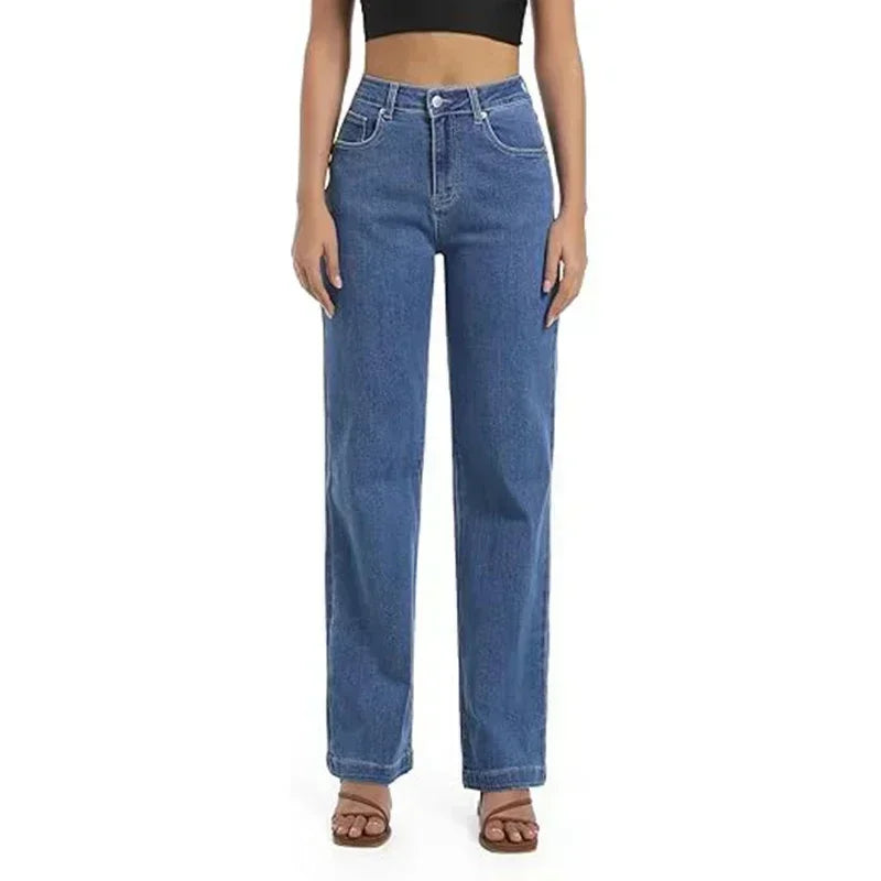Girls Casual Loose Fit High Waisted Jeans Female Straight Leg Stretch Denim Pants Lady Comfortable Solid Basic Cheap Trousers