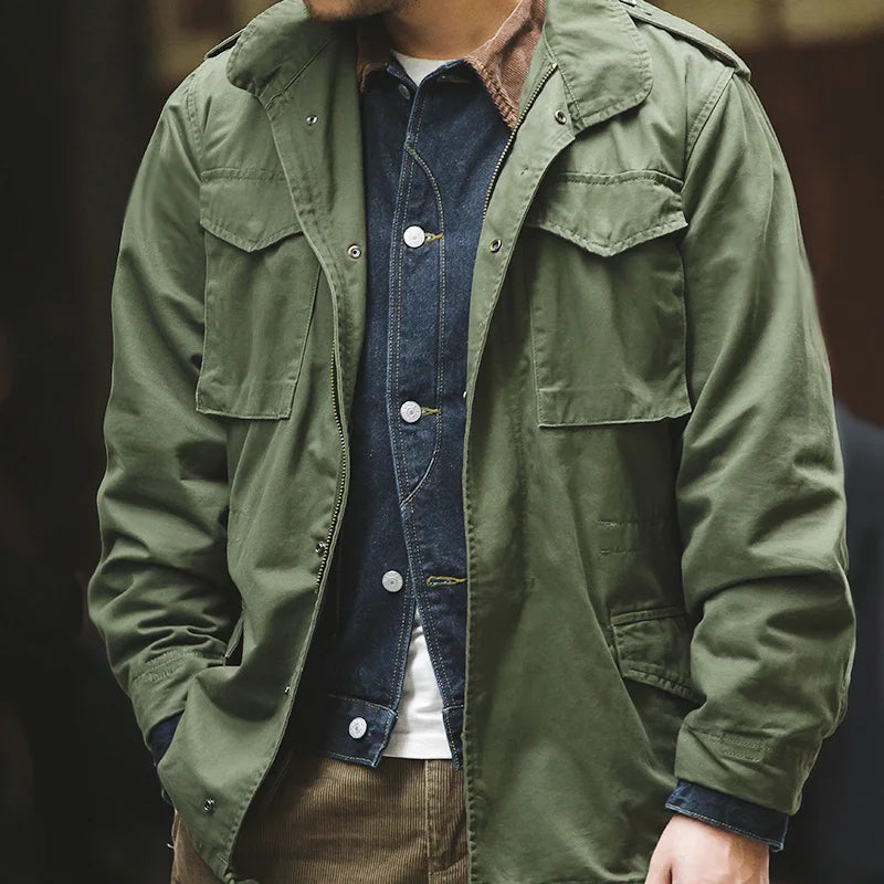 Military M65 Field Jackets For Men's Green Vintage Army Jacket Casual Windbreaker Solid Lapel Collar with Pockets Overcoat