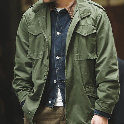 Military M65 Field Jackets For Men's Green Vintage Army Jacket Casual Windbreaker Solid Lapel Collar with Pockets Overcoat