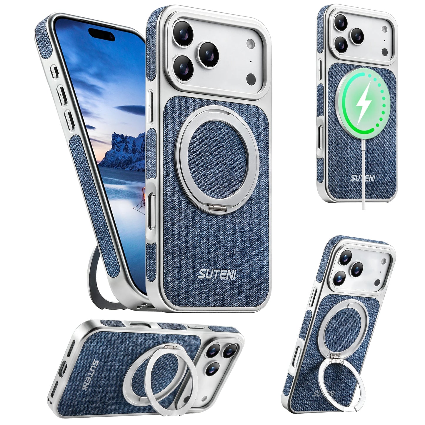 Faux Leather Magnet Wireless Charging Phone Case 360° Rotating Stand Ring Buckle Frosted Feel For iPhone 17 Pro Max 16 15
