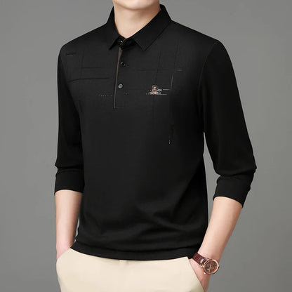2025 Latest Autumn New Men's Long Sleeve Polo Shirt Middle Aged Business Comfortable Solid Color Men's Collar T-shirt
