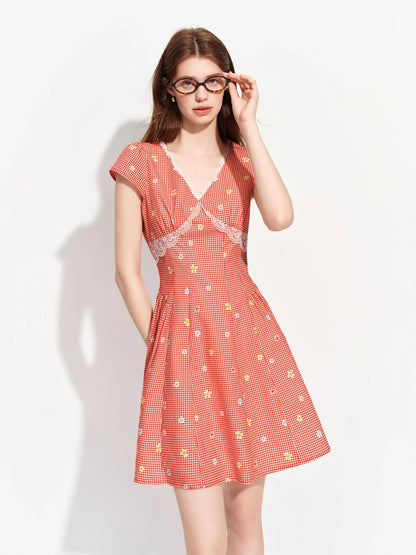 Women's 2026 Summer New Arrival French Pastoral Style V-Neck Lace Spliced Embroidered Dress Openwork Floral Plaid Pattern