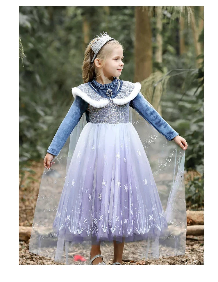 Girls' Spring 2026 New Velvet Elsa Frozen Princess Dress Kids Blue Cape 2 Piece Set Warm Dresses For Girl Party 3-9 Years Old ﻿