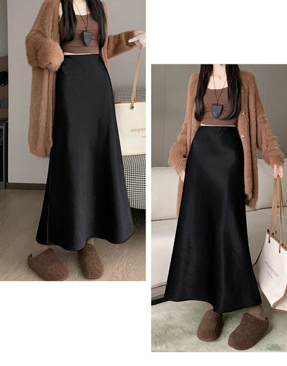 New Autumn Winter Solid Satin Silk Mermaid Skirt Women Fashion High Waist Office Ladies Work Warmth Party Long Maxi Skirt