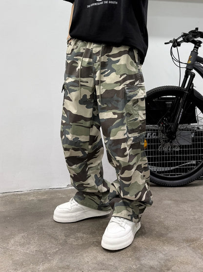 Vintage Camouflage Cargo Pants Men Tactical Multi Pocket Loose Fit Straight Leg Outdoor Casual High Quality Work Pants Trendy