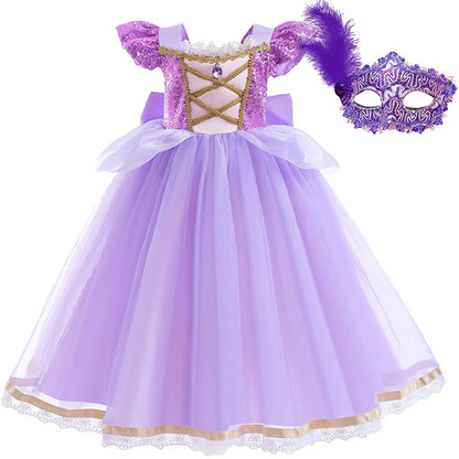 Rapunzel Short Sleeve Purple Puffy Dress + Accessories Girls Cosplay Rapunzel Summer Casual Dress Birthday Party Gift