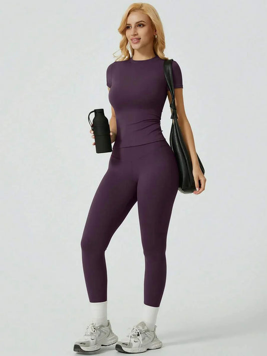 2 Piece Yoga Set Women Short Sleeve Top High Waist Leggings Gym Workout Clothing Tummy Control Fitness Sportswear Activewear Sui