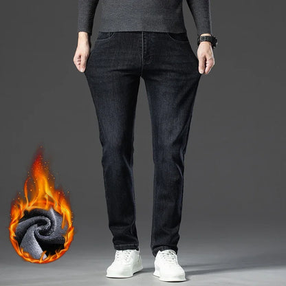 Winter Classic Business Men's Fleece Warm Jeans Straight Stretch Casual Thicken Denim Trousers Washed Fashion Velvet Male Pants