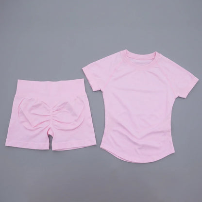 2 Pieces Sports Sets Short Sleeve Seamless Yoga Top Fitness Set Women Workout Running Sports Shorts Gym Suit