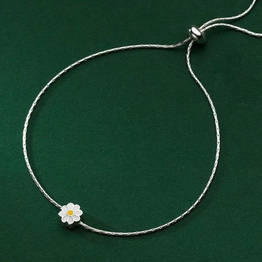 Bracelet de Charms Marguerite en Émail Argent Sterling 925 Véritable Chaîne à Maillons Réglable Porte-Bonheur Pour Femmes Bijoux Fins