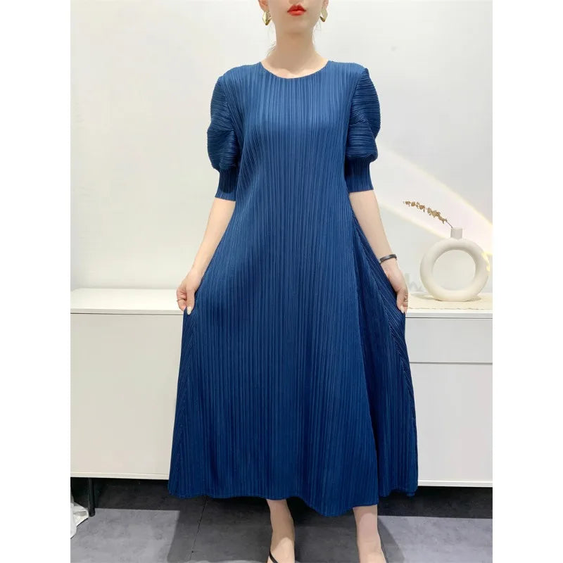 Miyake Pleated Dress 2024 Summer New Round Neck Loose and Comfortable A-line Short Sleeve Maix Dress