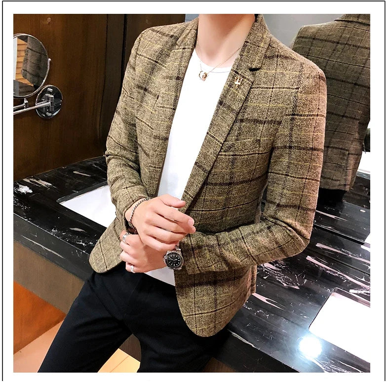 Men Checked Suit Jacket 2023 Spring New Linen Slim Suit Jacket Fashion One-button Business Casual Jacket Large M-5XL Suit Jacket