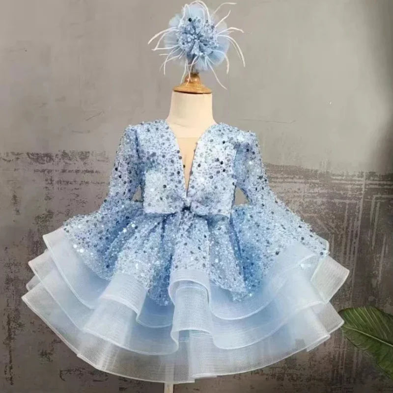 Customized Flower Girl Dresses Cute Pink Glitter Sequined Shiny Puffy Organza With Bow Fit Wedding Party Princess Ball Gowns