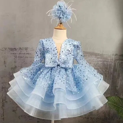 Customized Flower Girl Dresses Cute Pink Glitter Sequined Shiny Puffy Organza With Bow Fit Wedding Party Princess Ball Gowns