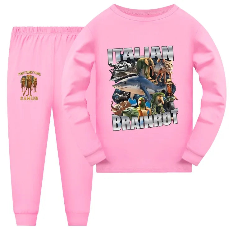 Italian Brainrot Meme Clothes Kids Cartoon Tung Sahur Pajama Sets Boys Long Sleeve Tops Legging 2pcs Set Girls Casual Sleepwear
