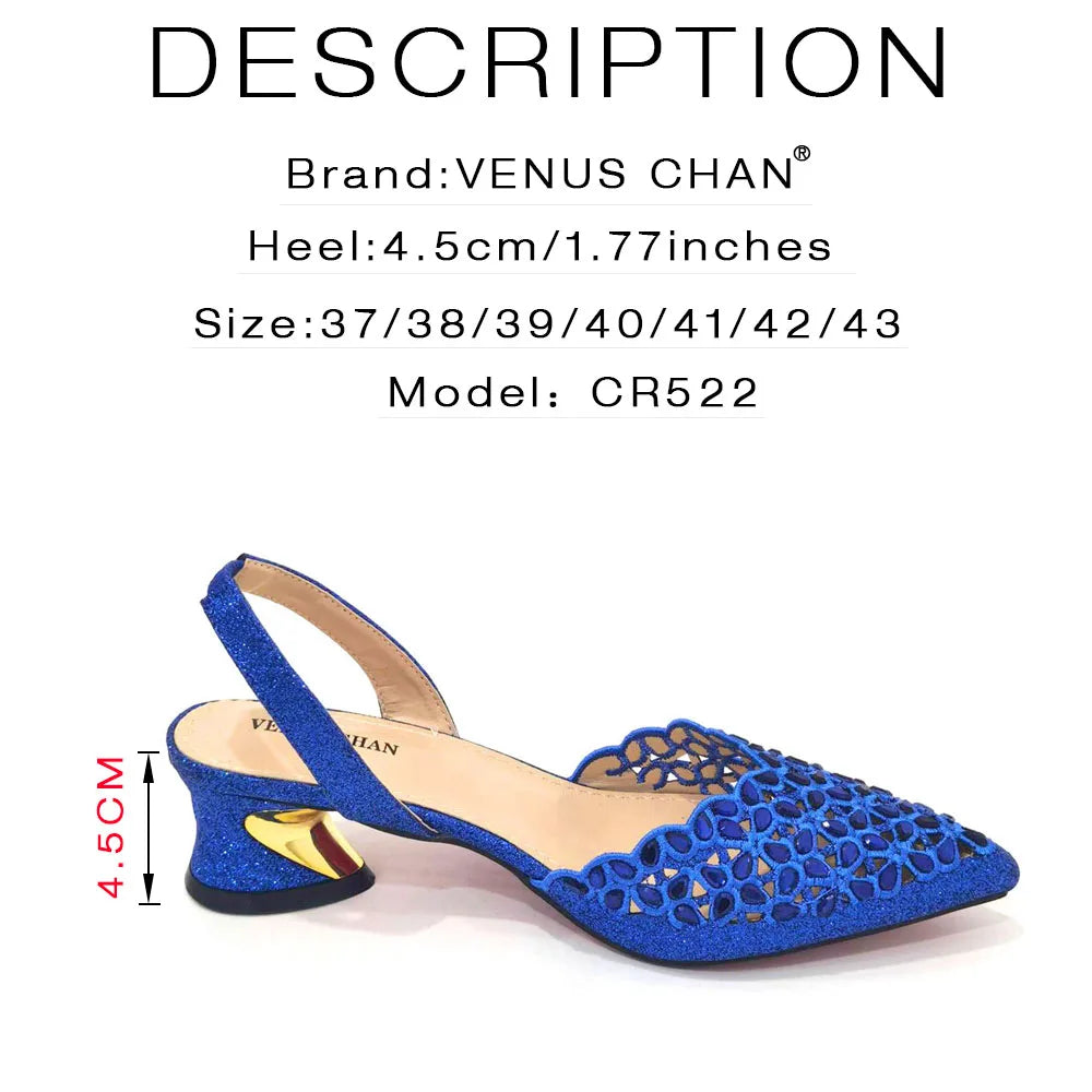 Low Heel Shoes for Women Hollowed Out Embroidery Rhinestone Italian Design Gold Color Pointed-Toe Shoes and Bags Set