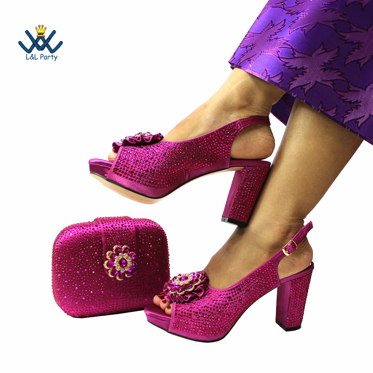 2022 Sweet  Special Design Women Crystal Style African Ladies Party Shoes Matching Bag in Magenta Color