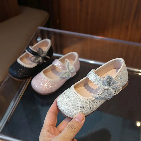 New Girls Princess Shoes Fashion Children's Bow Rhinestone Sequin Kids Shoes Baby Party Student Flat Performance Shoes