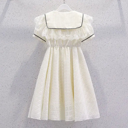 2026 New Summer Dresses Kid Baby Princess Lace Girls Teenager A-LINE STRIPED Chiffon Mid Long Layered Dress 4 8 10 12 14 Years