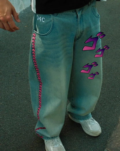 D4C JoJo  Y2K Men High Waist Baggy Jeans Women Pink Heart Side Embroidery Loose Fit Washed Denim Pants Streetwear Wide Leg Pants