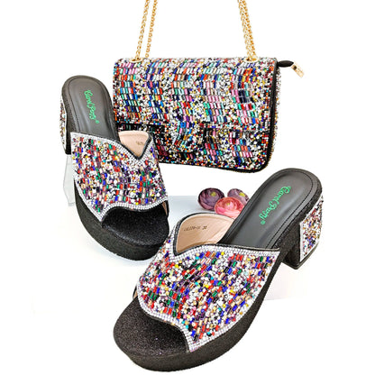 Italian Design Fashion Crystal Fish Mouth High Heels Elegant, Exquisite, And Mature Women's Sandals And Square Bag Set