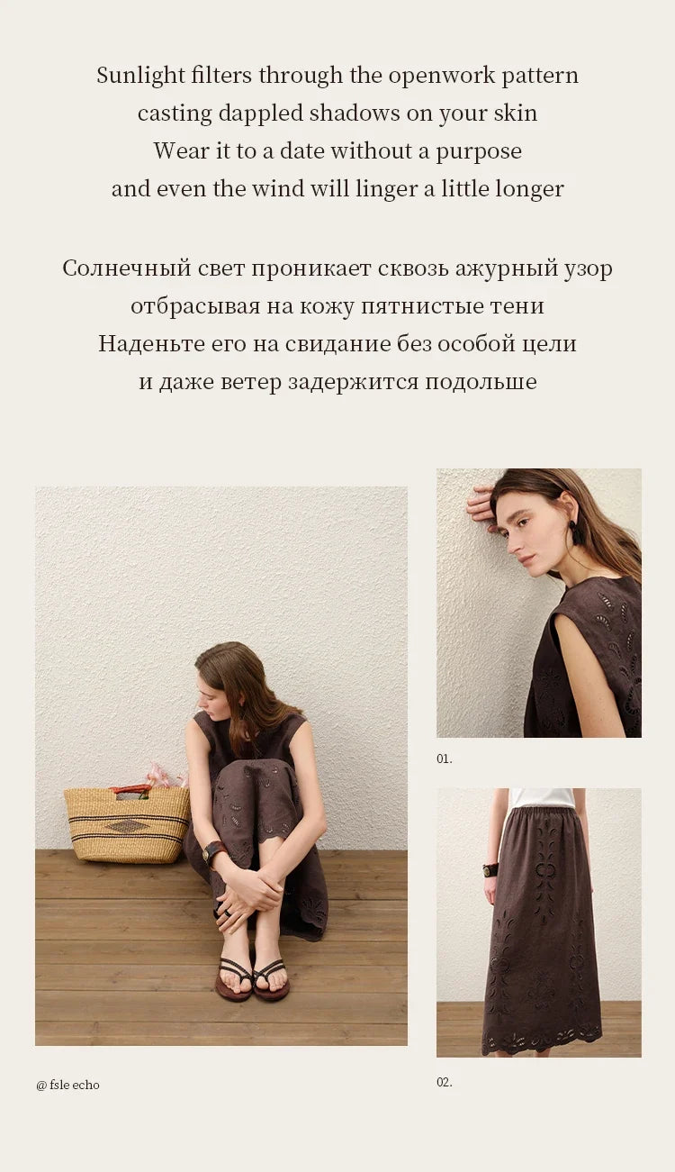 Summer Women Linen Two Piece Set Cut-Out Embroidered Sleeveless Top Midi Skirt Boho Beach Vacation Style