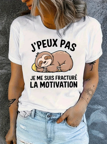 Sloth T-Shirt French Motivational Sloth Graphic T-Shirt| Humorous "Motivation Through Fracture" Slogan Harajuku Sleeve Casual