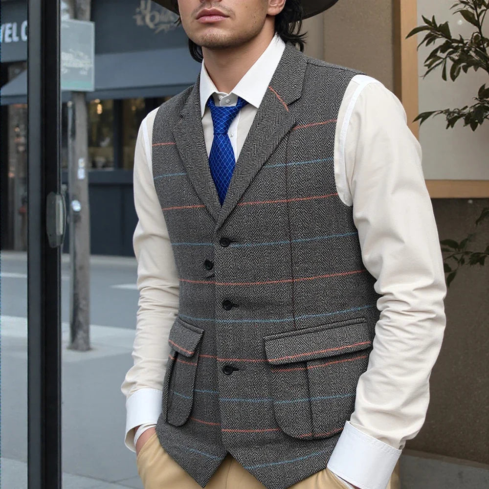 Men's Casual Suit Vest Notch Lapel with Two Pockets Herringbone Waistcoat for Wedding Groomsmen