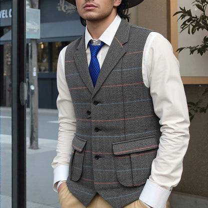 Men's Casual Suit Vest Notch Lapel with Two Pockets Herringbone Waistcoat for Wedding Groomsmen