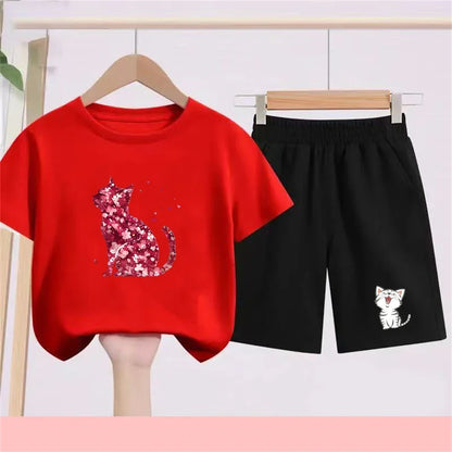 Summer Age 3-12 Girls boy cool breathable Tshirt Children T-shirt+bottom wear Set black 2pcs leisure Kids Set cat Print