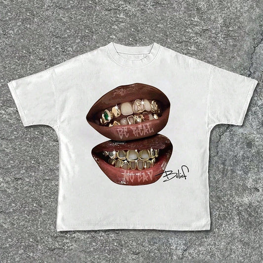 Chic Lips Golden Teeth Vintage Tee Rock Goth Casual Summer Short Sleeve High Street Oversized T Shirt Harajuku Graphic Print