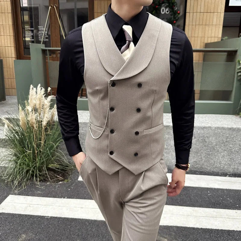 ( Vest + Pants) Men Luxury Double Breasted Design Suit Vest 2 pieces Formal Groom Wedding Dress Vest Set Fashion Club Clothing