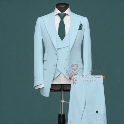 Light Green Men’s Suit Slim Fit Peak Lapel Jacket Double Breasted Vest Pants Wedding Formal 3 Piece Party Set For Groomsmen