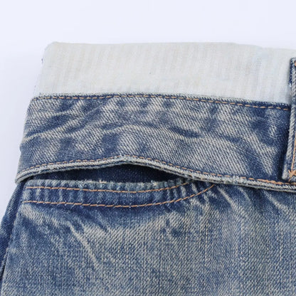 Casual Women Long Jeans Summer Female Chic Ripped Holes Denim Fashion Mid Waist Flanging Button Streetwear Pants Trousers