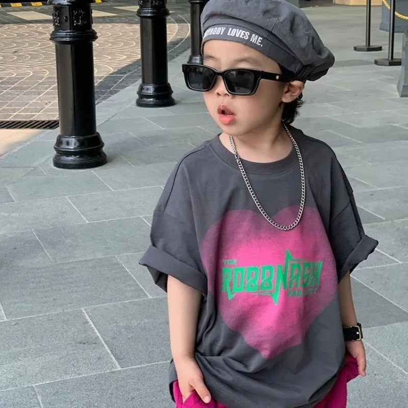 Cotton Heart Print Boys Short Sleeve T-Shirt Summer Toddler Loose Fit Baby Handsome 3-6 Years Top