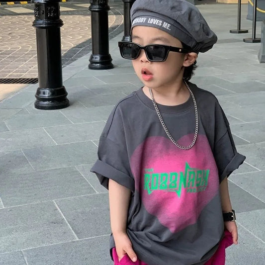 Cotton Heart Print Boys Short Sleeve T-Shirt Summer Toddler Loose Fit Baby Handsome 3-6 Years Top