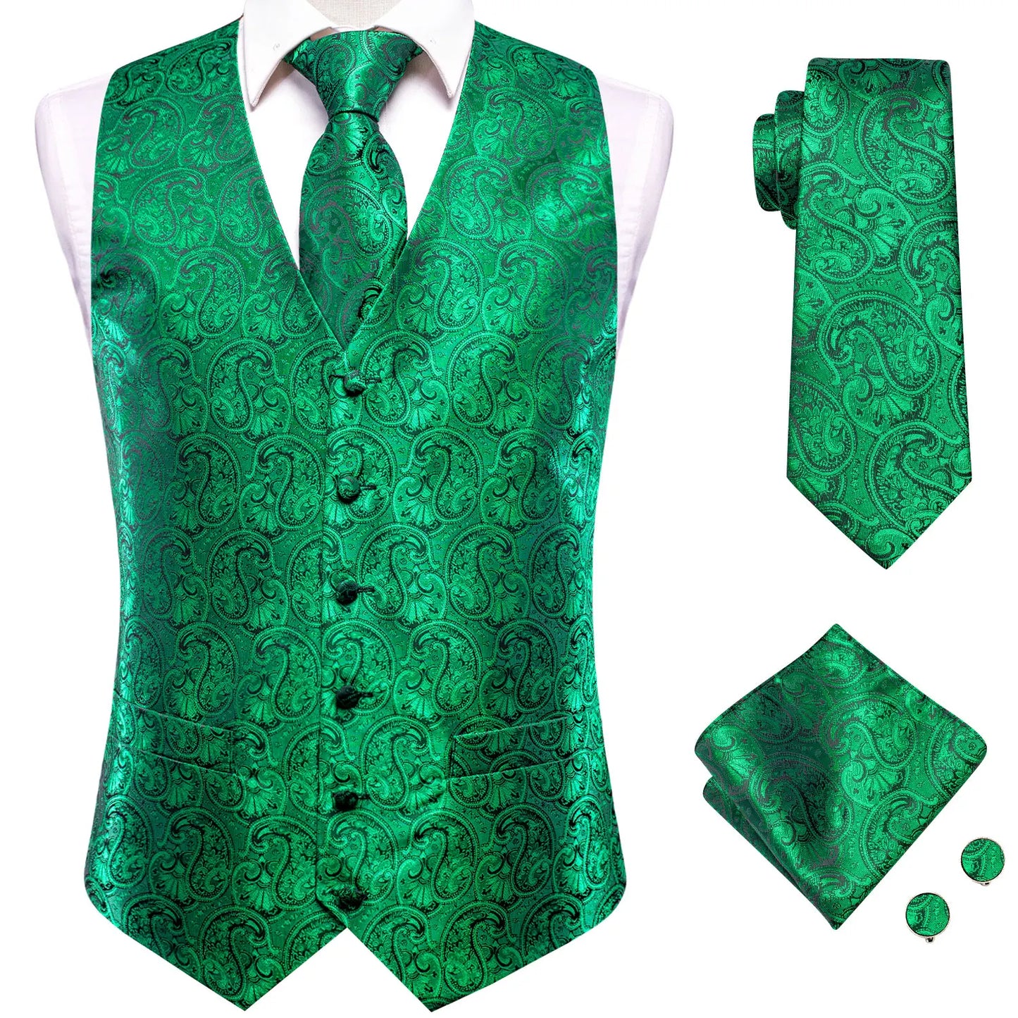 Mens Suit Vests Jacquard Woven Paisley Waistcoat Tie Hankerchief Cufflinks Set Green Teal Mint for Men Weddding Business Party