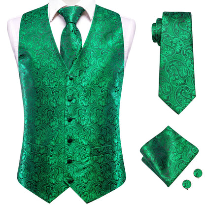 Mens Suit Vests Jacquard Woven Paisley Waistcoat Tie Hankerchief Cufflinks Set Green Teal Mint for Men Weddding Business Party