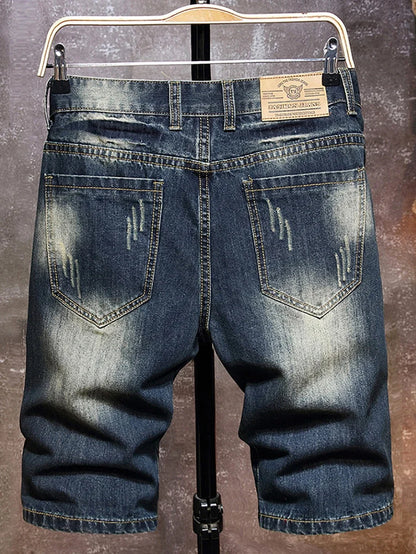Men's Denim Shorts Retro Distressed Style Trendy Five Quarter Pants Spring and Summer Youth Light Blue