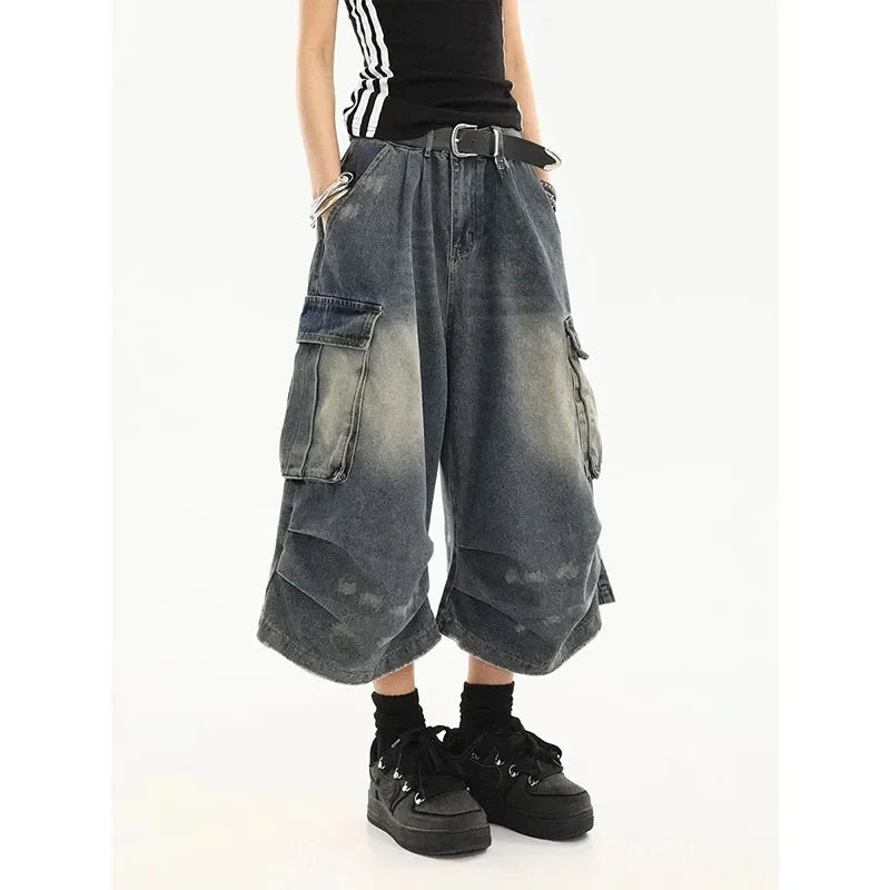 2026 Y2k Retro Women Low Rise Jorts Brushed Black Wash Cropped Baggy Jeans Wide Leg Frayed Denim Short Pants Fashion