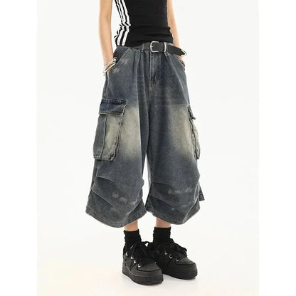 2026 Y2k Retro Women Low Rise Jorts Brushed Black Wash Cropped Baggy Jeans Wide Leg Frayed Denim Short Pants Fashion