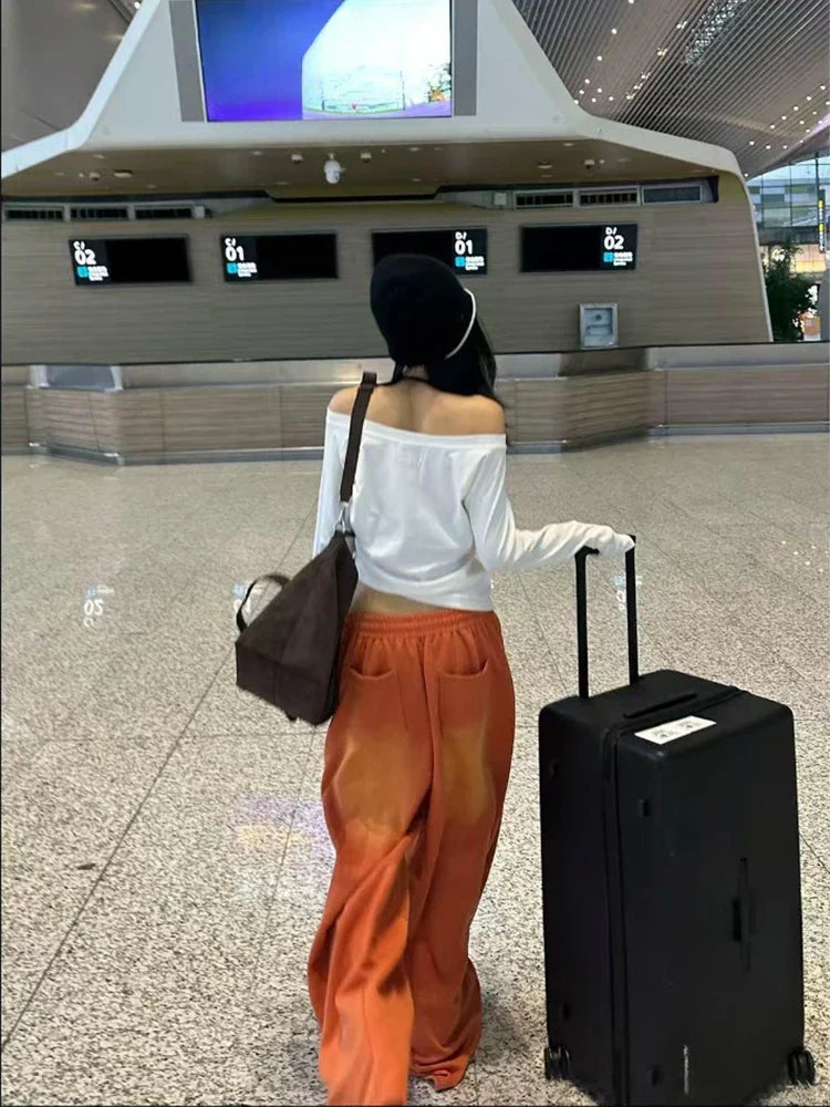 Women's Jeans Orange Mid Low Waist Washed Retro Wide Leg Loose Sports Kpop Hip-hop Street Pants Fashion Women's Pants