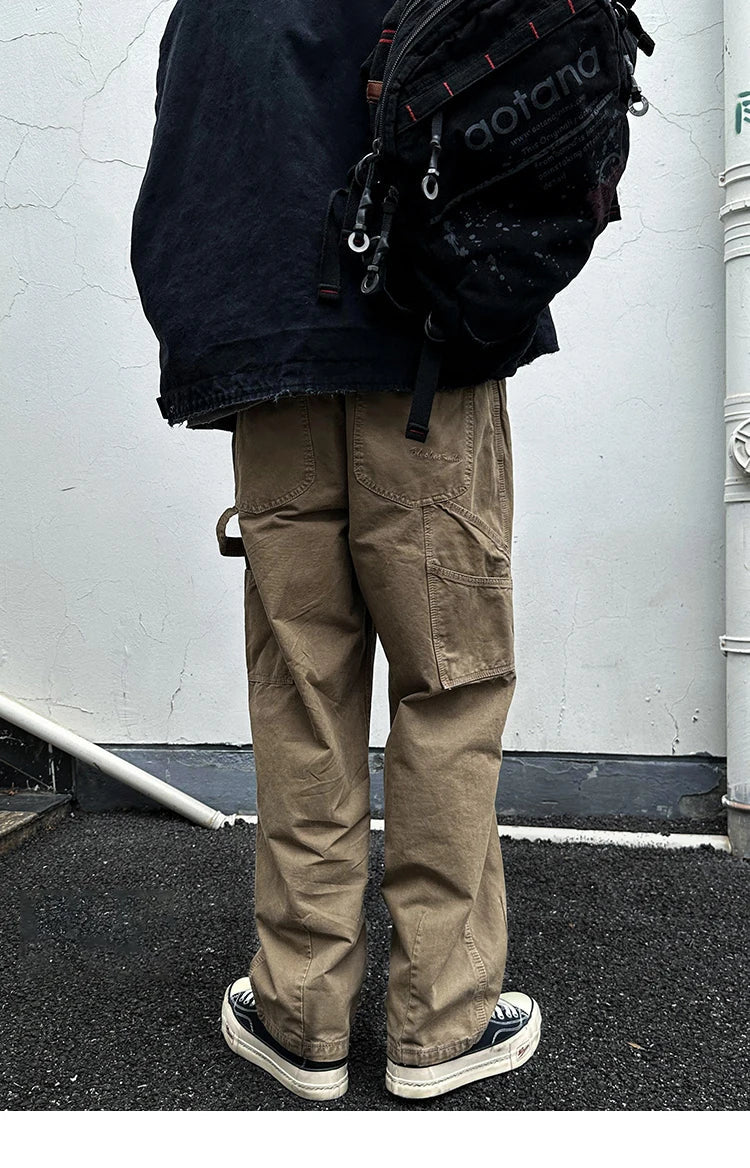 Korean Streetwear High Quality Double Gauge Twill Wash Cargo Pants For Men Clothing Harajuku Cotton Casual Straight Leg Trousers
